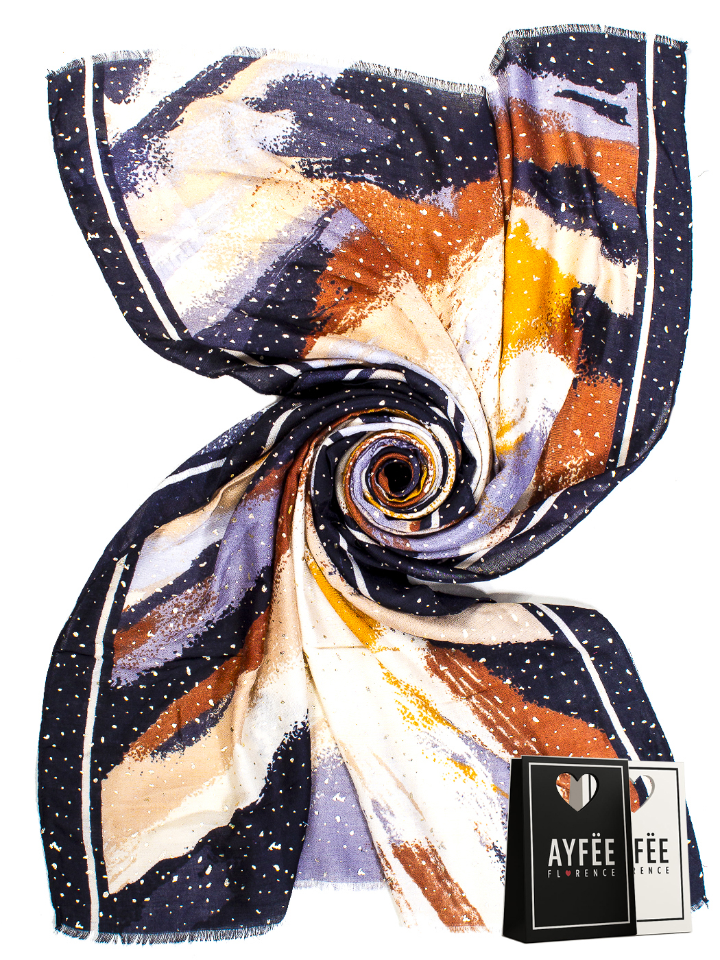 STOLA STAMPA ABSTRACT PAINTING CON GLITTER, CM 90*180, 100% VISCOSE, MADE IN PRC   - BLACK